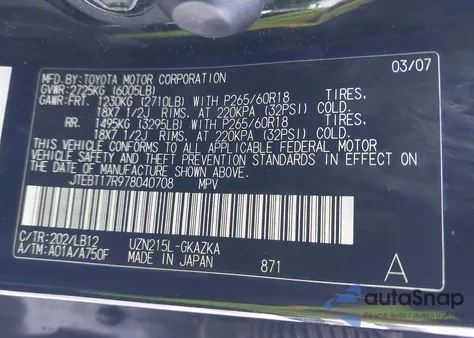2007 Toyota 4Runner Limited V8 z USA, uszkodzony, nr VIN JTEBT17R978040708